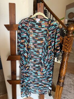 LuLaRoe Black Swim Coverup with Teal, Pink, Yellow & Purple Block Print